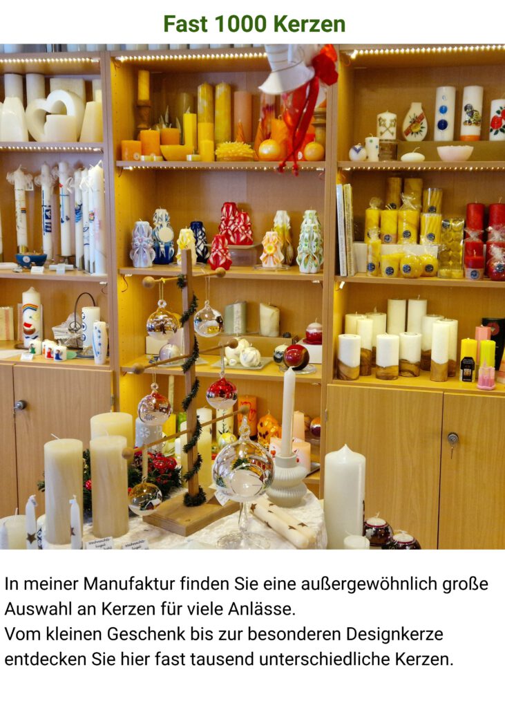 Große Auswahl handgefertigter Kerzen in der Kerzenmanufaktur