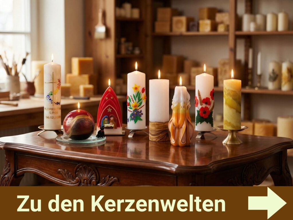 Handverzierte Kerzen aus verschiedenen Kategorien auf einem Chippendale Tisch im Kerzenatelier