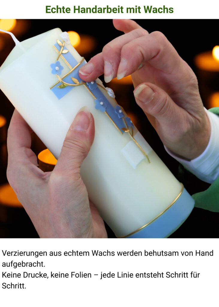 Handarbeit beim Verzieren einer Taufkerze aus Wachs