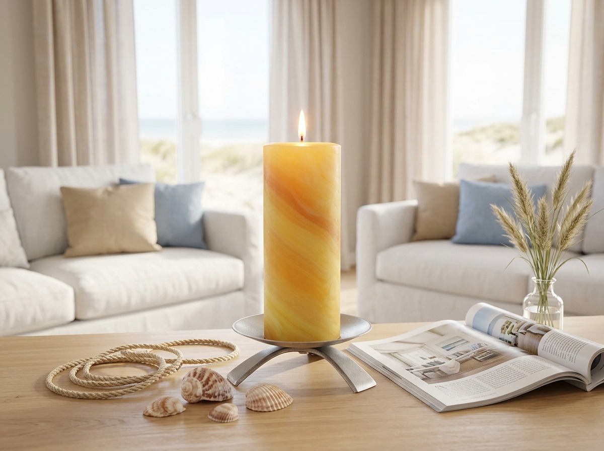 Helle Sommerkerze im modernen Beachhouse-Wohnzimmer mit Muscheln, Wohnmagazin und Blick auf die Küste.