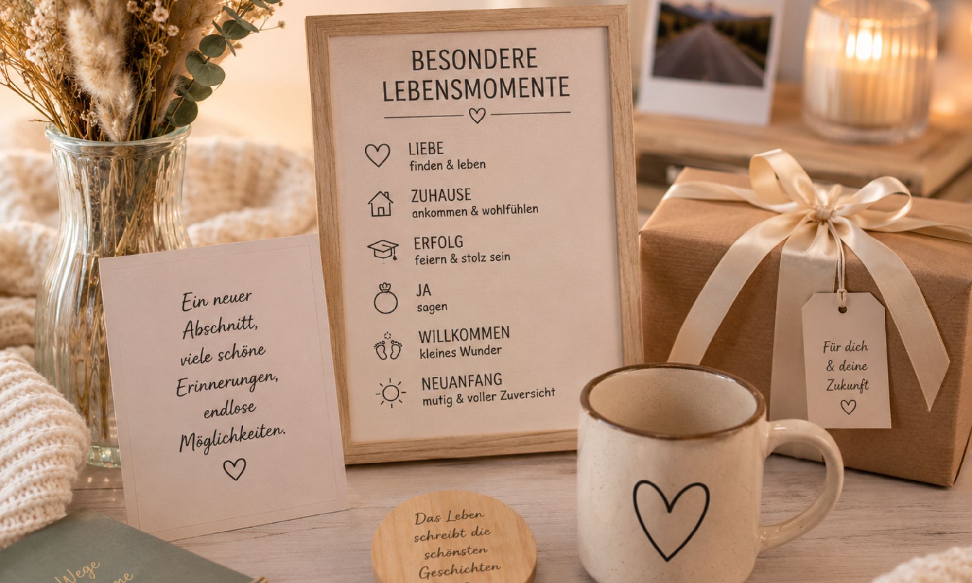 Stimmungsvolle Szene mit persönlichen Botschaften und Geschenken für besondere Lebensmomente
