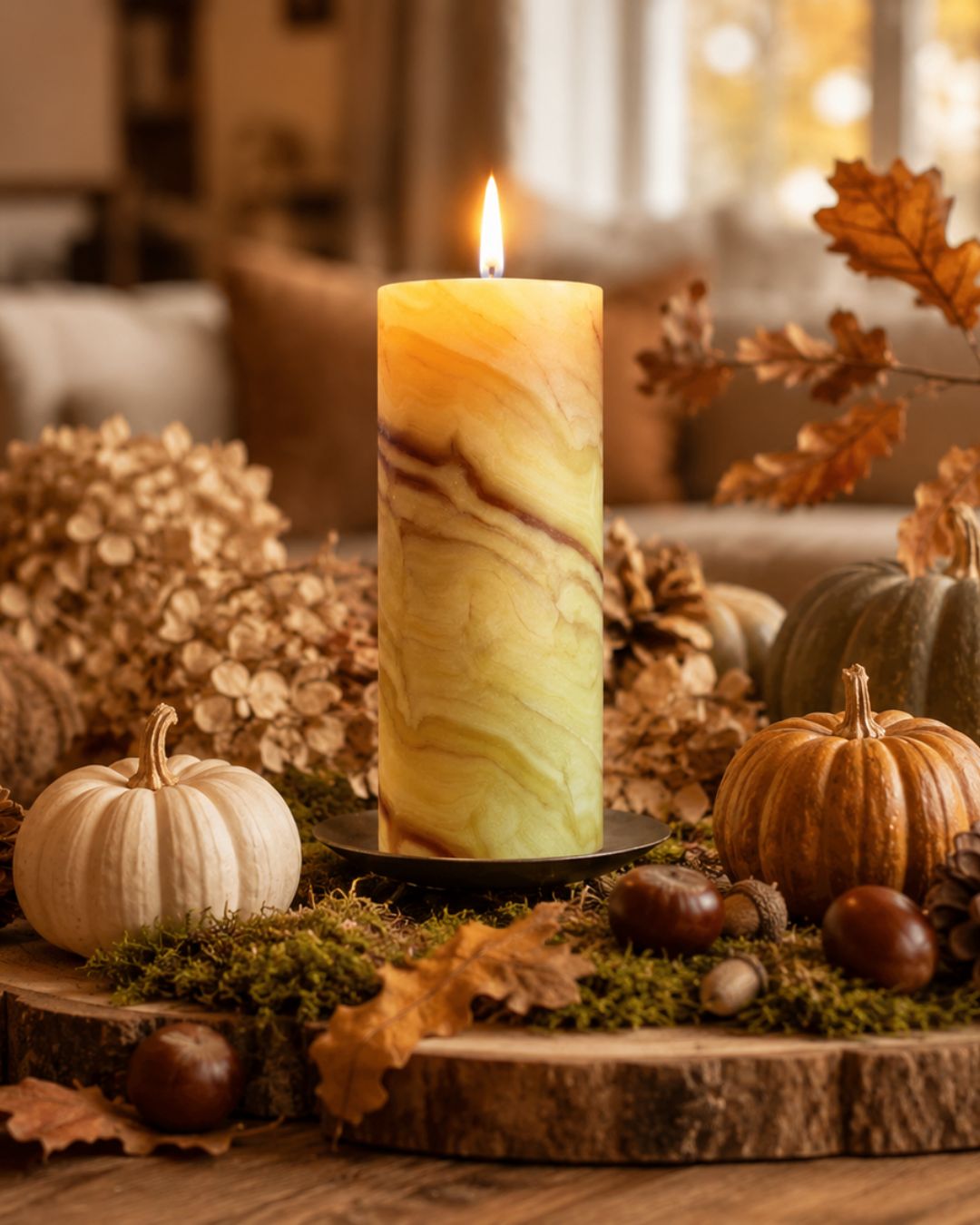 Handgeknetete Bienenwachskerze mit natürlicher Maserung als stilvolle Herbstdeko im Wohnzimmer