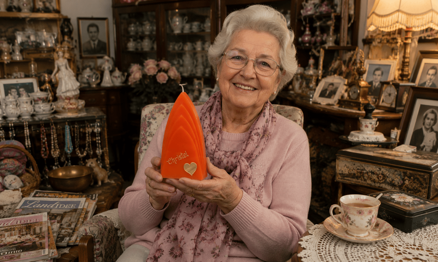 Kleine Mitbringsel mit Herz Ältere Dame freut sich über personalisierte orange Designkerze als kleines Geschenk mit Erinnerungswert