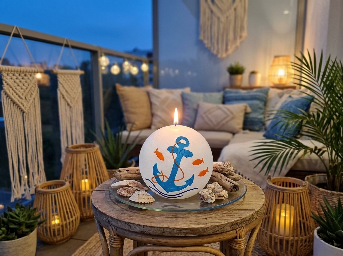 Maritime Kugelkerze mit Ankermotiv auf rundem Holztisch auf einem gemütlichen Balkon im Coastal-Boho-Stil mit Laternen und Pflanzen.
