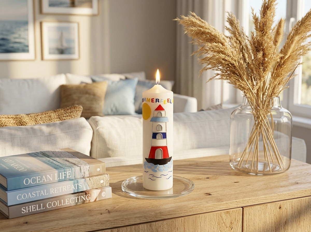 Maritime Leuchtturmkerze auf hellem Holzsideboard mit Dünengras und Wohnaccessoires im modernen Coastal-Living-Stil.
