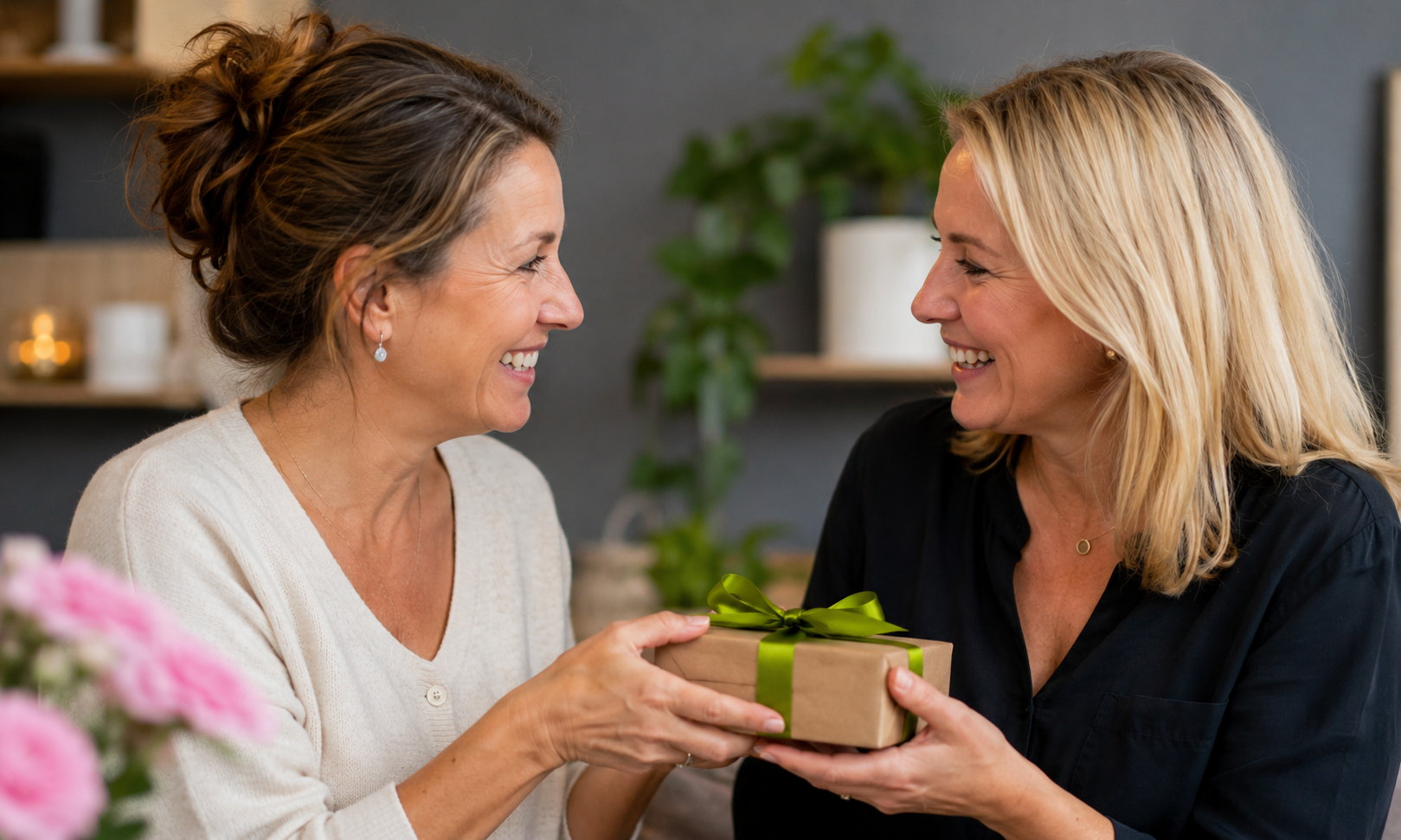 Zwei Frauen überreichen sich lächelnd ein kleines Geschenk als Zeichen von Dankbarkeit und Wertschätzung