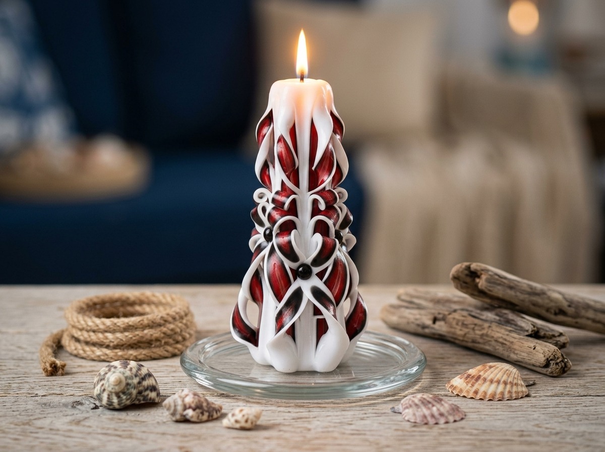 Detailaufnahme einer kunstvoll verzierten Designkerze mit Muscheln, Tauwerk und Treibholz auf hellem Holztisch.