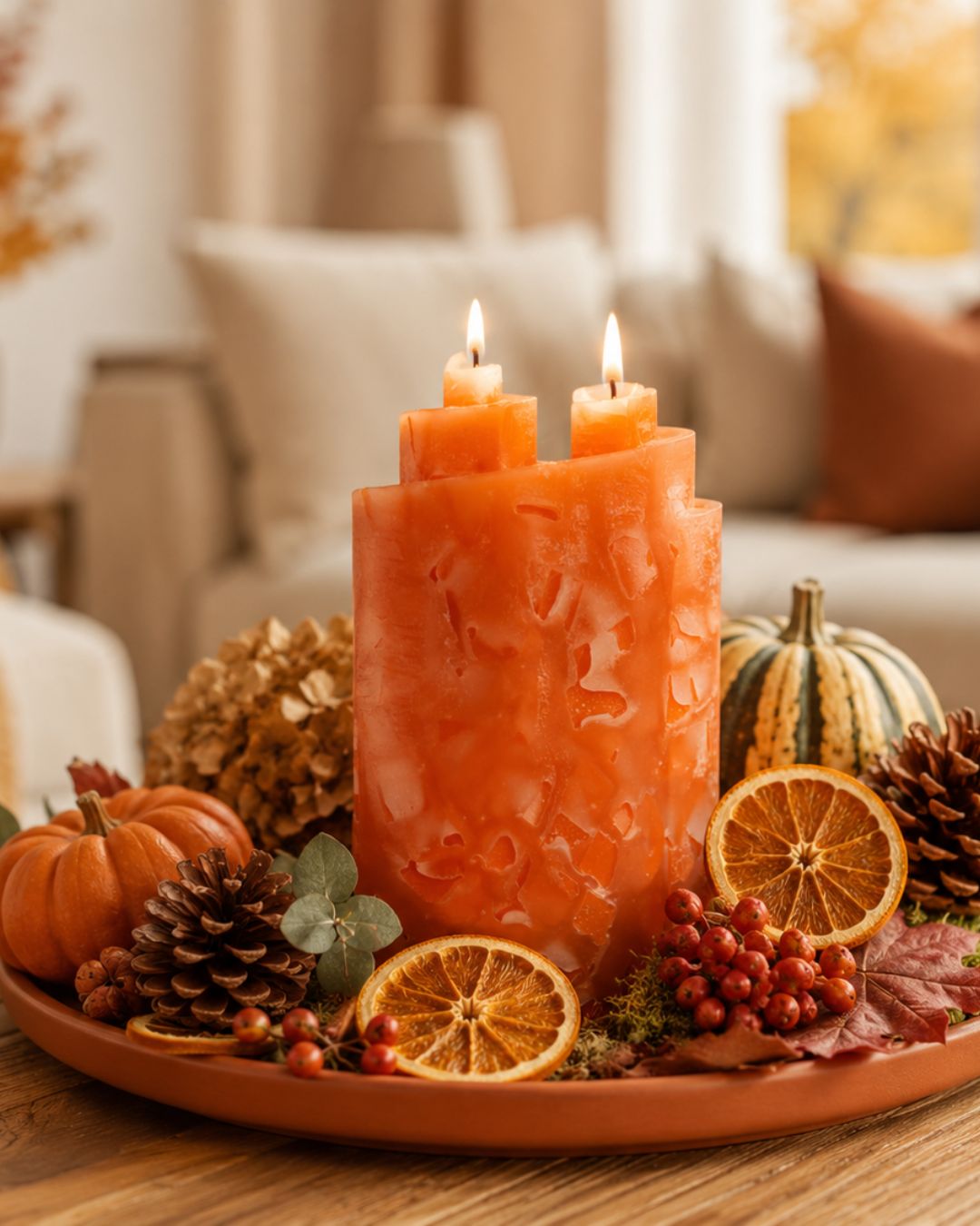 Moderne Doppeldochtkerze in warmem Orange auf einer runden Schale mit Kürbissen, Orangenscheiben und Herbstdekoration im gemütlichen Wohnzimmer.