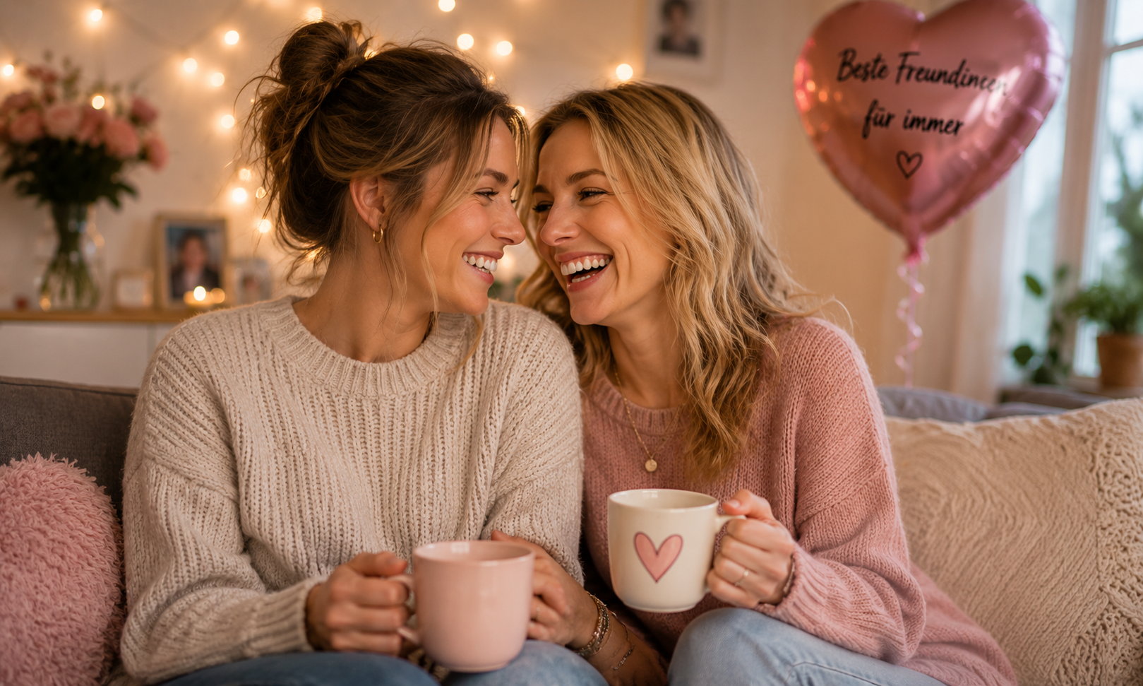 Zwei Frauen lachen gemeinsam auf einem Sofa und genießen einen liebevollen Moment der Freundschaft