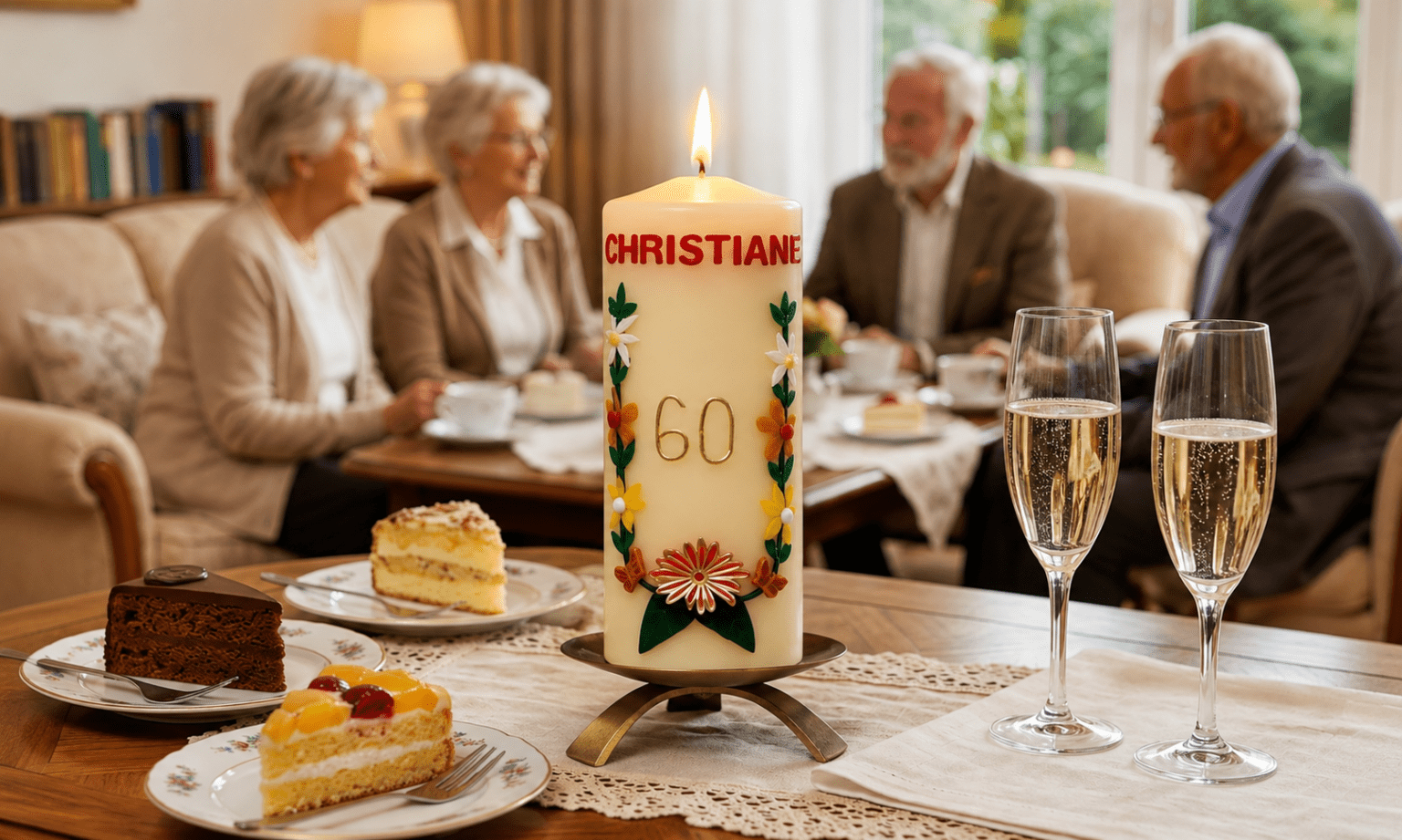 Personalisierte Geburtstagskerze zum 60. Geburtstag für Christiane auf festlich gedecktem Tisch bei gemütlicher Geburtstagsfeier