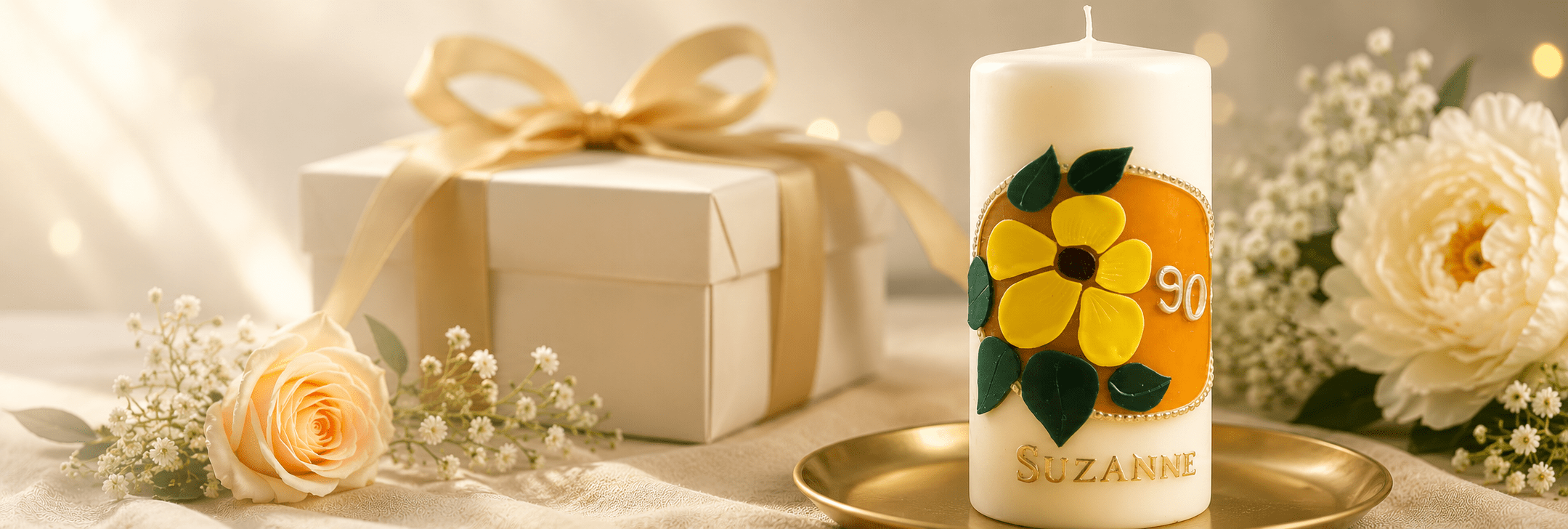 Personalisierte Geburtstagskerze zum 90. Geburtstag für Suzanne mit gelber Blume und goldener Verzierung