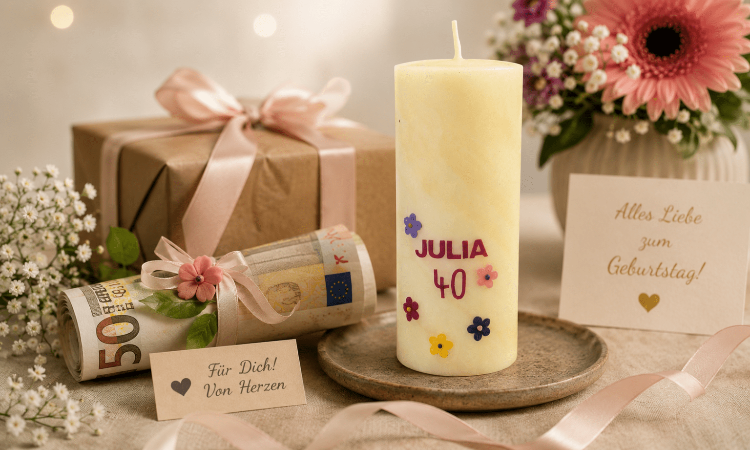 Personalisierte Geburtstagskerze mit Geldgeschenk zum 40. Geburtstag von Julia stilvoll dekoriert mit Blumen und Geschenkbox