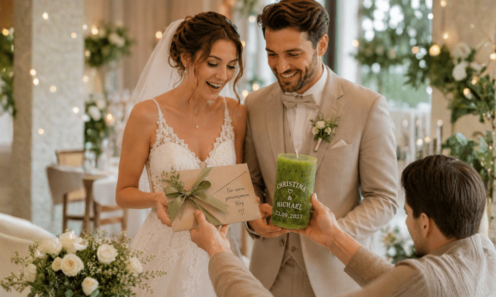 Geldgeschenke stilvoll verpacken Brautpaar erhält Geldgeschenk mit personalisierter grüner Hochzeitskerze und Briefumschlag