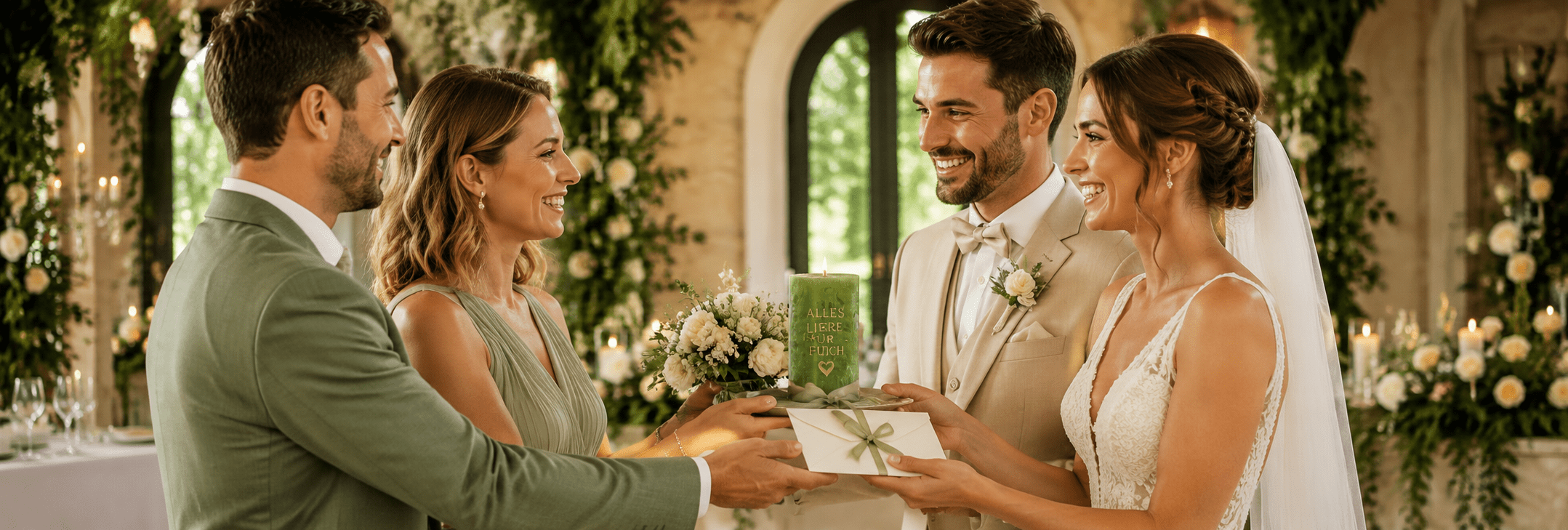 Geldgeschenke stilvoll verpacken Brautpaar erhält personalisierte grüne Kerze als stilvoll verpacktes Geldgeschenk zur Hochzeit