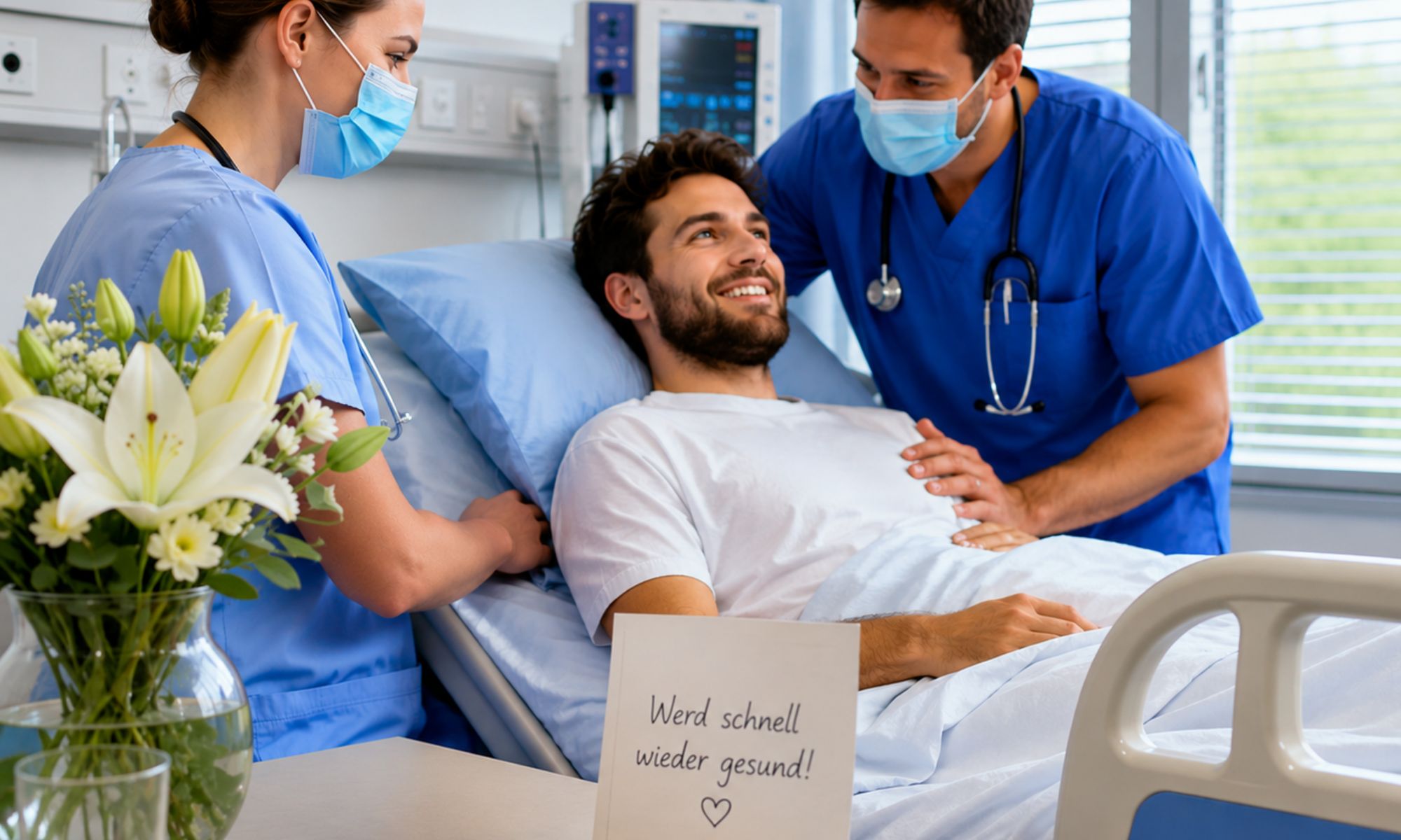 Freundlicher Krankenhausbesuch mit Genesungskarte und liebevollen Wünschen zur schnellen Besserung