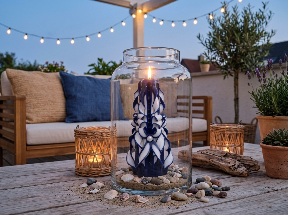 Handverzierte maritime Kerze in großem Glaswindlicht auf sommerlicher Terrasse mit Muscheln, Steinen und warmer Abendbeleuchtung.