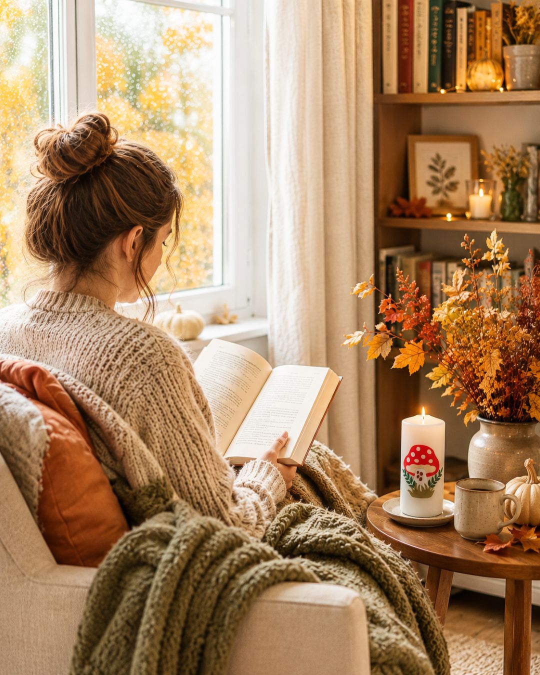 Gemütliche Leseecke mit Glückspilzkerze und herbstlicher Dekoration am Fenster