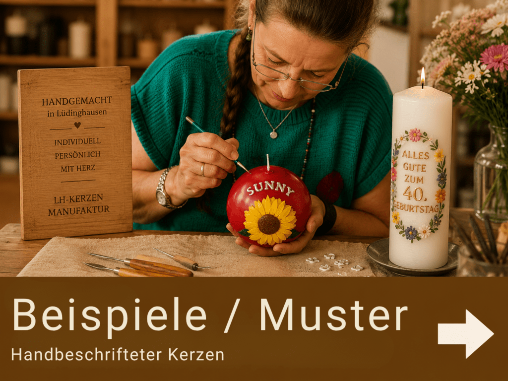 Handarbeit in der LH-Kerzenmanufaktur beim Beschriften und Verzieren einer Kerze mit echten Wachsbuchstaben