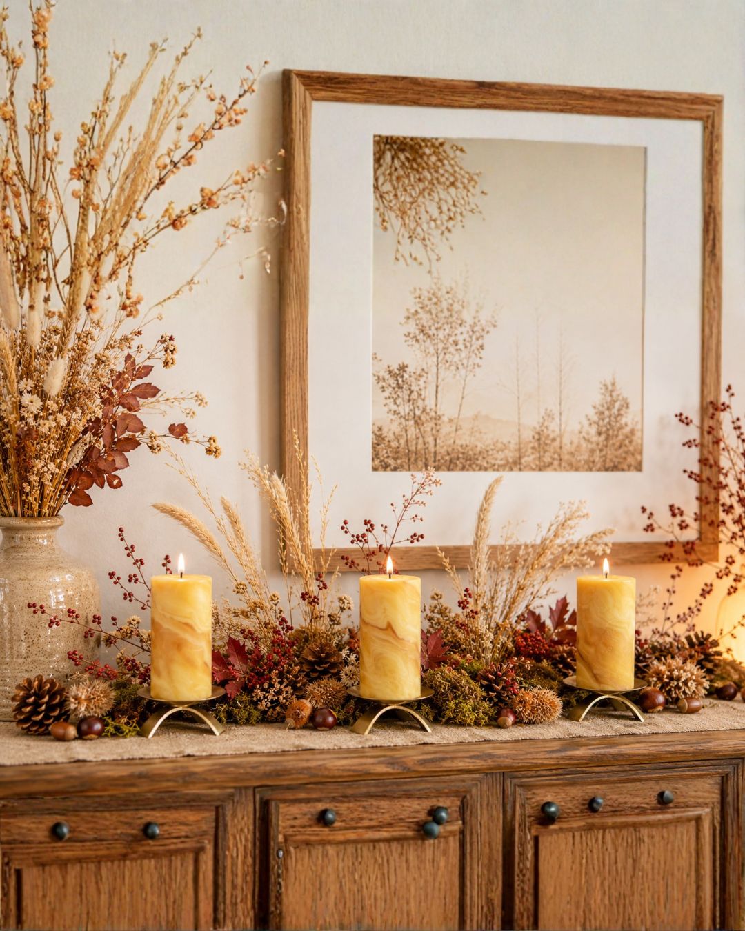 Drei handgeknetete Bienenwachskerzen in warmen Naturtönen auf einem Sideboard mit Trockenblumen, Schilfgras, Moos und herbstlicher Naturdeko