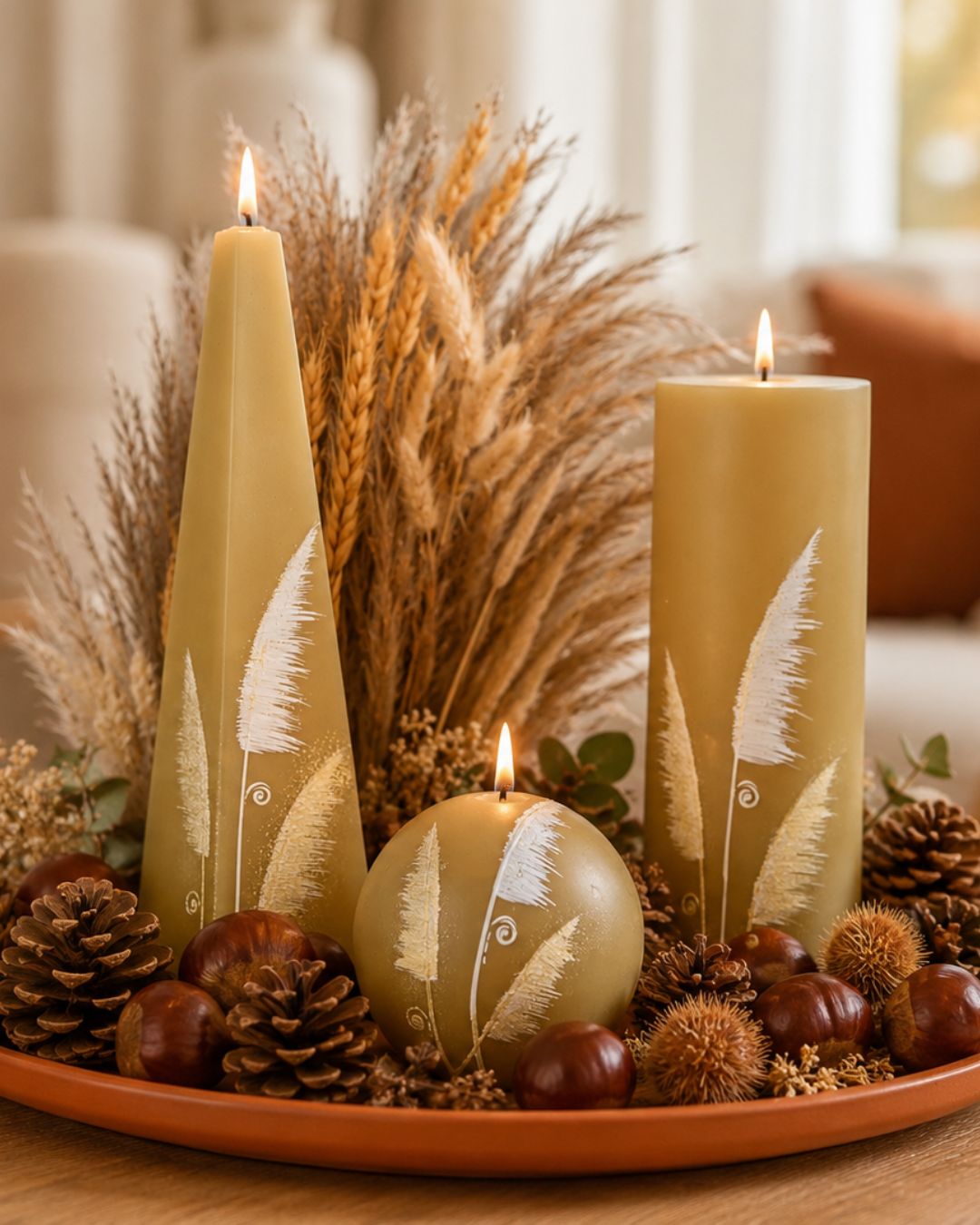 Elegantes Kerzenset in Gold und Creme auf einer runden Schale mit Kastanien, Zapfen und Schilf als stilvolle Herbstdekoration.