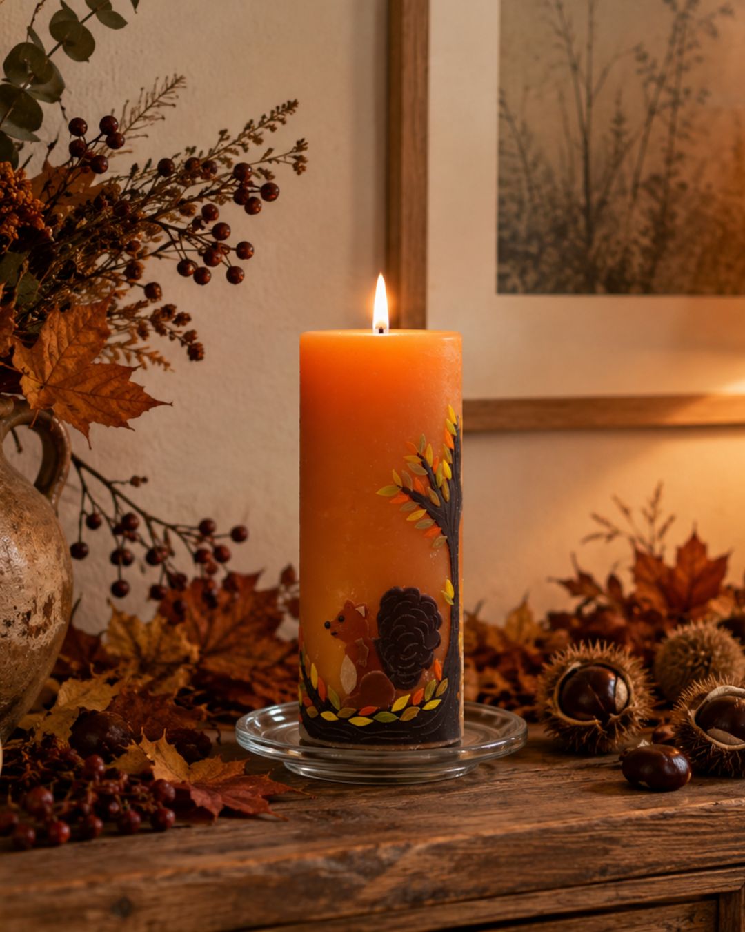 Orange Herbstkerze mit Eichhörnchenmotiv auf rustikalem Sideboard zwischen Kastanien und Herbstlaub