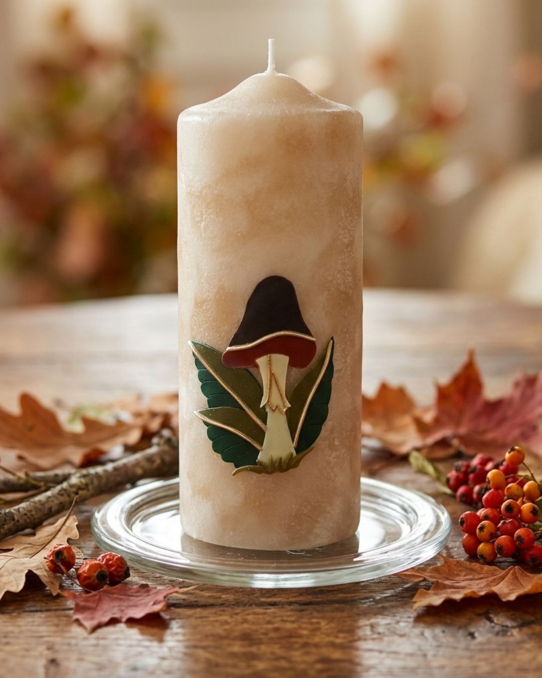 Handverzierte Herbstkerze mit Pilzmotiv auf Glasteller zwischen Herbstlaub und Beeren im gemütlichen Wohnzimmer