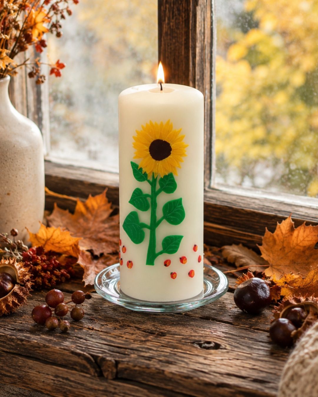 Weiße Kerze mit Sonnenblumenmotiv auf Holztisch vor herbstlichem Fenster