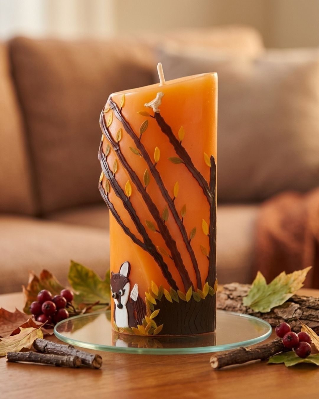 Handverzierte Herbstkerze mit Waldmotiv, Fuchs und Herbstblättern als gemütliche Herbstdeko im Wohnzimmer