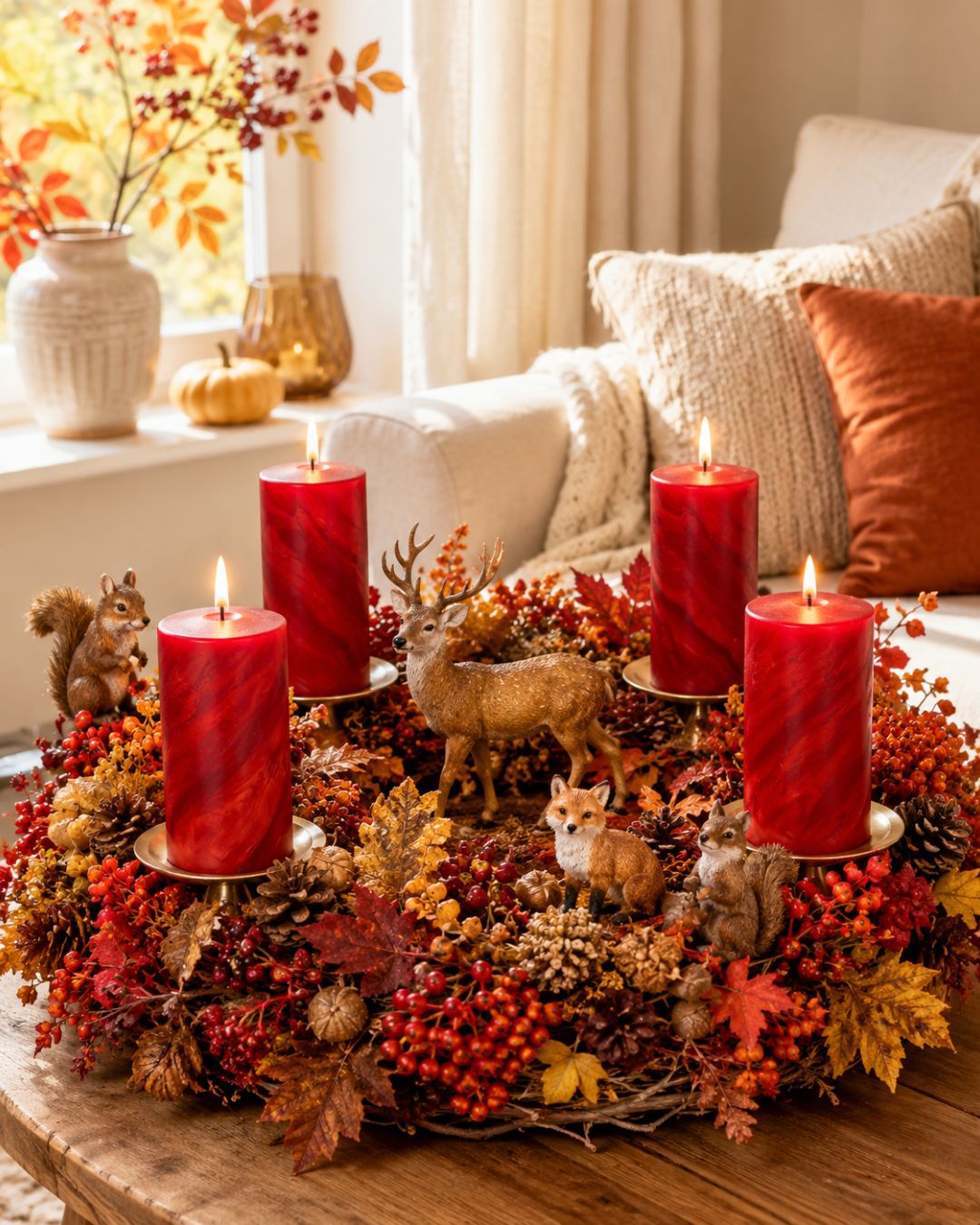 Vier rote Herbstkerzen auf einem großen Kranz aus Herbstlaub, Vogelbeeren und Naturmaterialien mit Hirsch, Fuchs und Eichhörnchen.