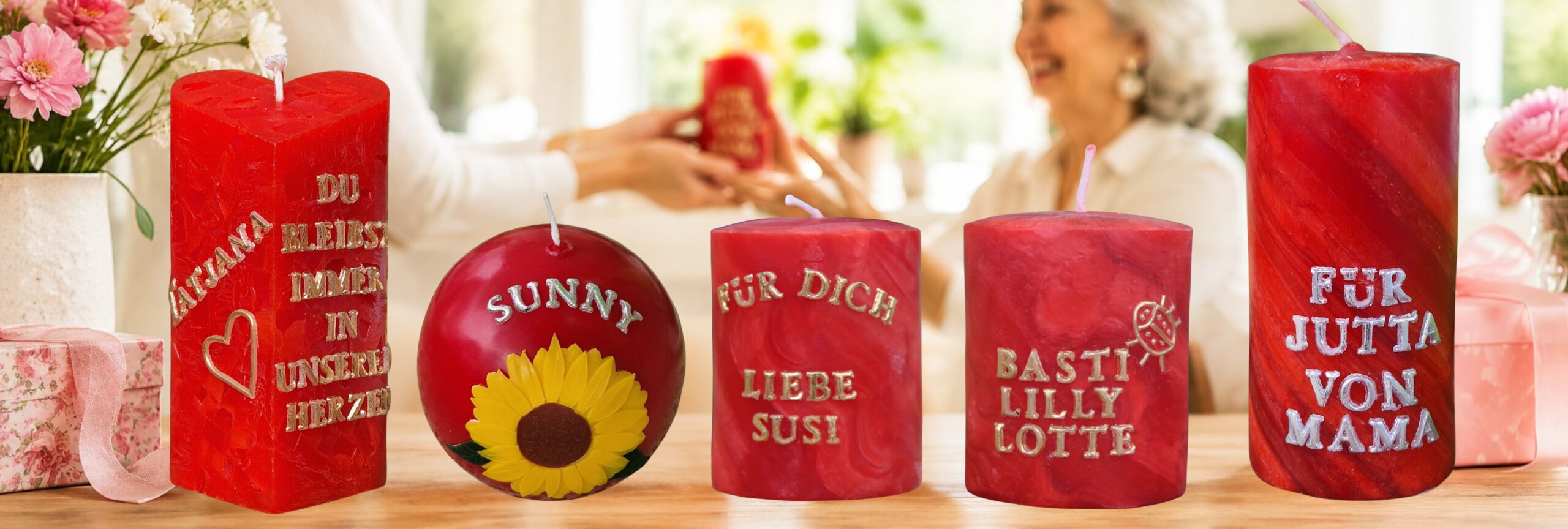Personalisierte rote Kerzen mit Sprüchen und Namen als liebevolle Geschenkideen für Geburtstag, Freundschaft und kleine Mitbringsel