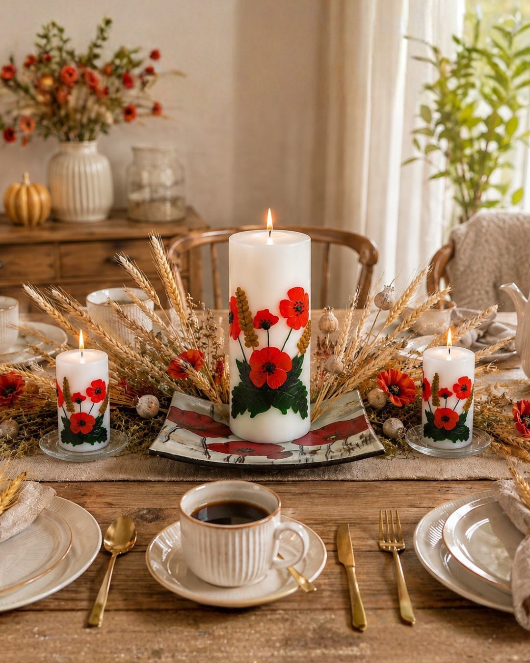 Herbstliche Esstischdeko mit Klatschmohnkerzen, Ähren und gedecktem Kaffeetisch