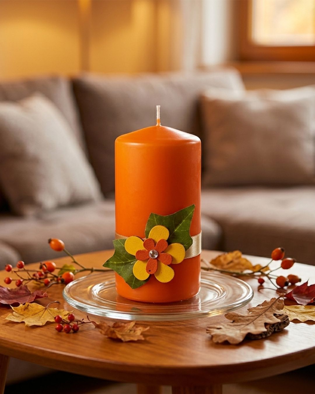 Kleine orange Herbstkerze mit Blütenmotiv auf dekoriertem Wohnzimmertisch mit Herbstlaub und Hagebutten