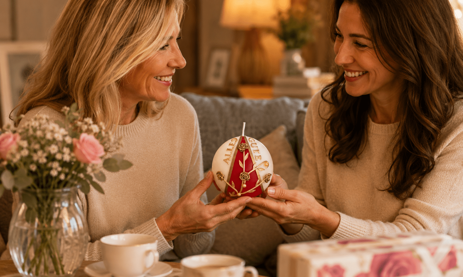 Kleine Mitbringsel mit Herz Zwei Frauen mit handverzierter Kugelkerze „Alles Gute“ als persönliches Mitbringsel in gemütlicher Wohnatmosphäre
