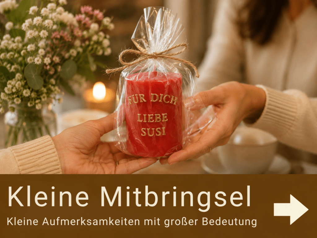Kleine personalisierte Kerze als liebevolles Mitbringsel mit goldener Beschriftung und Geschenkverpackung
