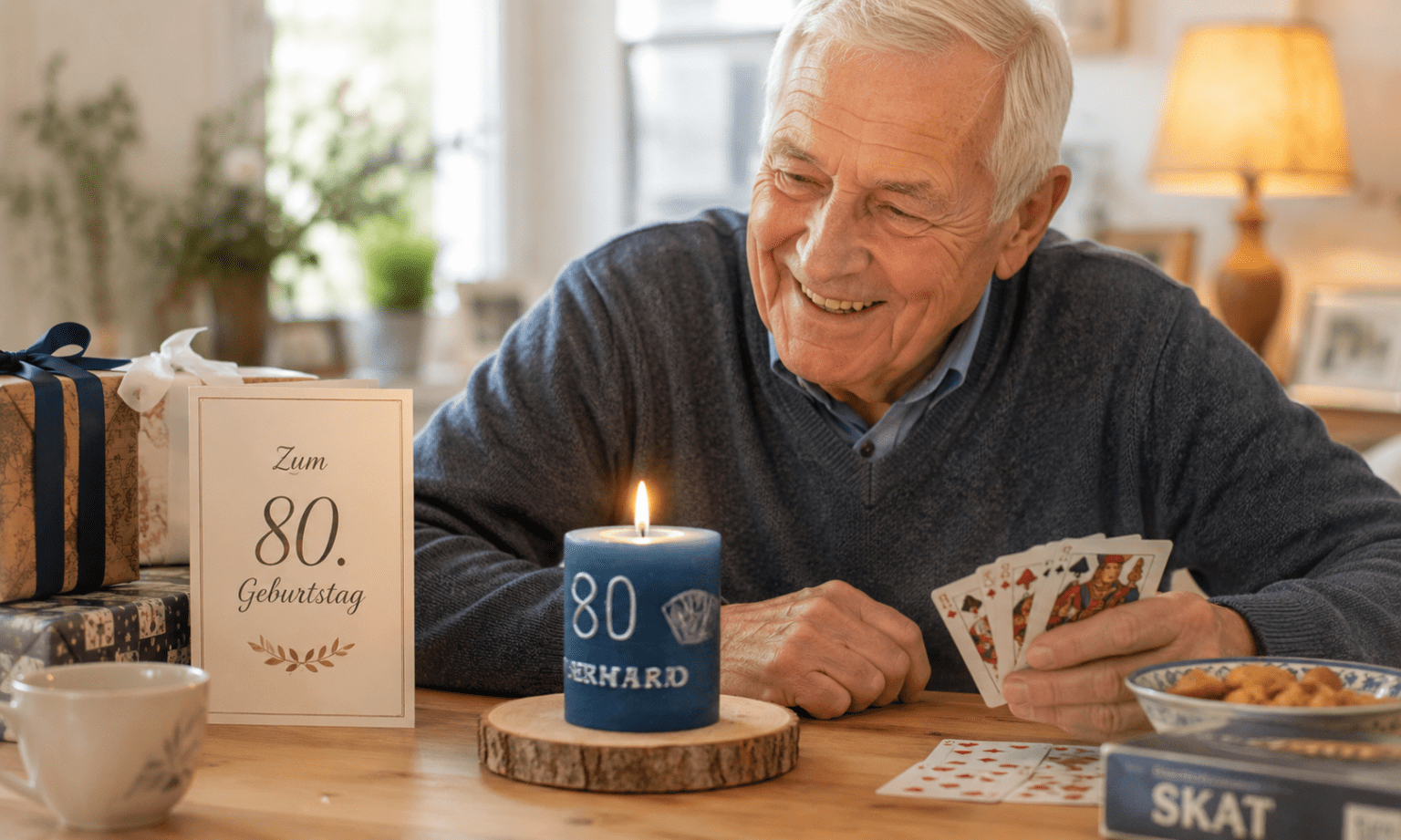 Kleine Mitbringsel mit Herz Älterer Herr mit personalisierter blauer Geburtstagskerze zum 80. Geburtstag und Skatkarten in gemütlicher Wohnatmosphäre