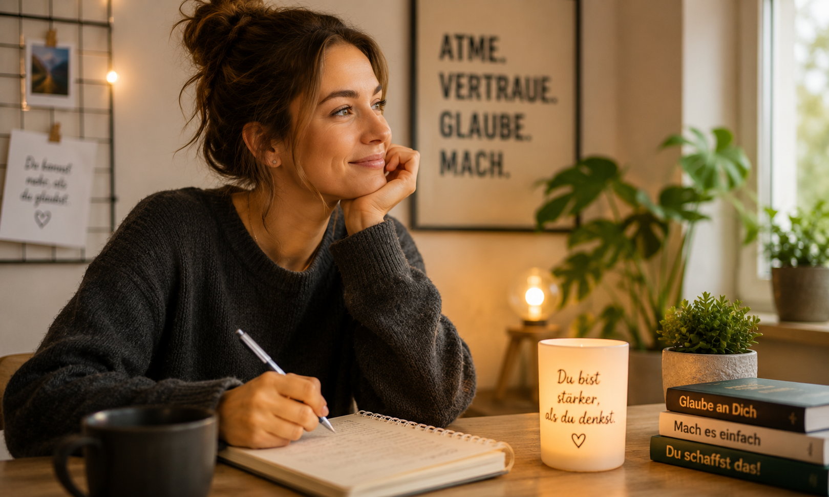 Nachdenkliche Frau mit motivierender Kerze und positiven Botschaften am Schreibtisch