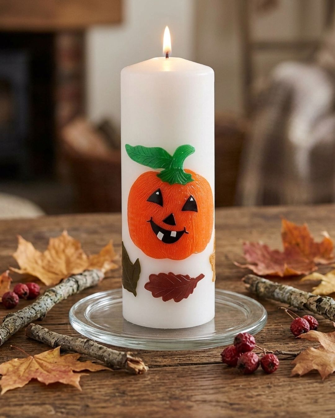 Weiße Herbstkerze mit Kürbismotiv auf Holztisch im gemütlichen Wohnzimmer