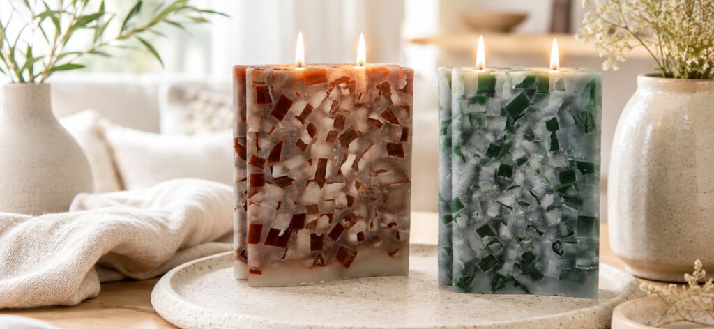Handgegossene Wachsmosaik-Kerzen in Braun und Garden Mint auf heller Interior-Dekoration mit Keramiktablett