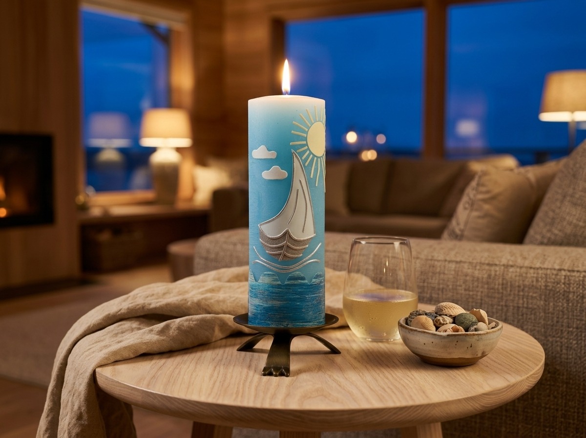 Leuchtende maritime Kerze mit Segelbootmotiv auf rundem Holztisch im gemütlichen Wohnzimmer mit Abendstimmung und Muscheldeko.
