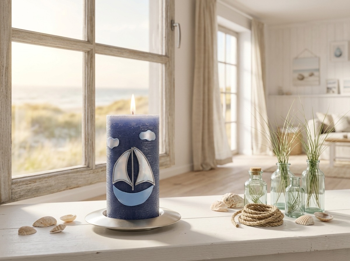 Handverzierte maritime Kerze mit Segelbootmotiv auf heller Fensterbank mit Muscheln, Glasflaschen und Dünengras im Küstenstil.