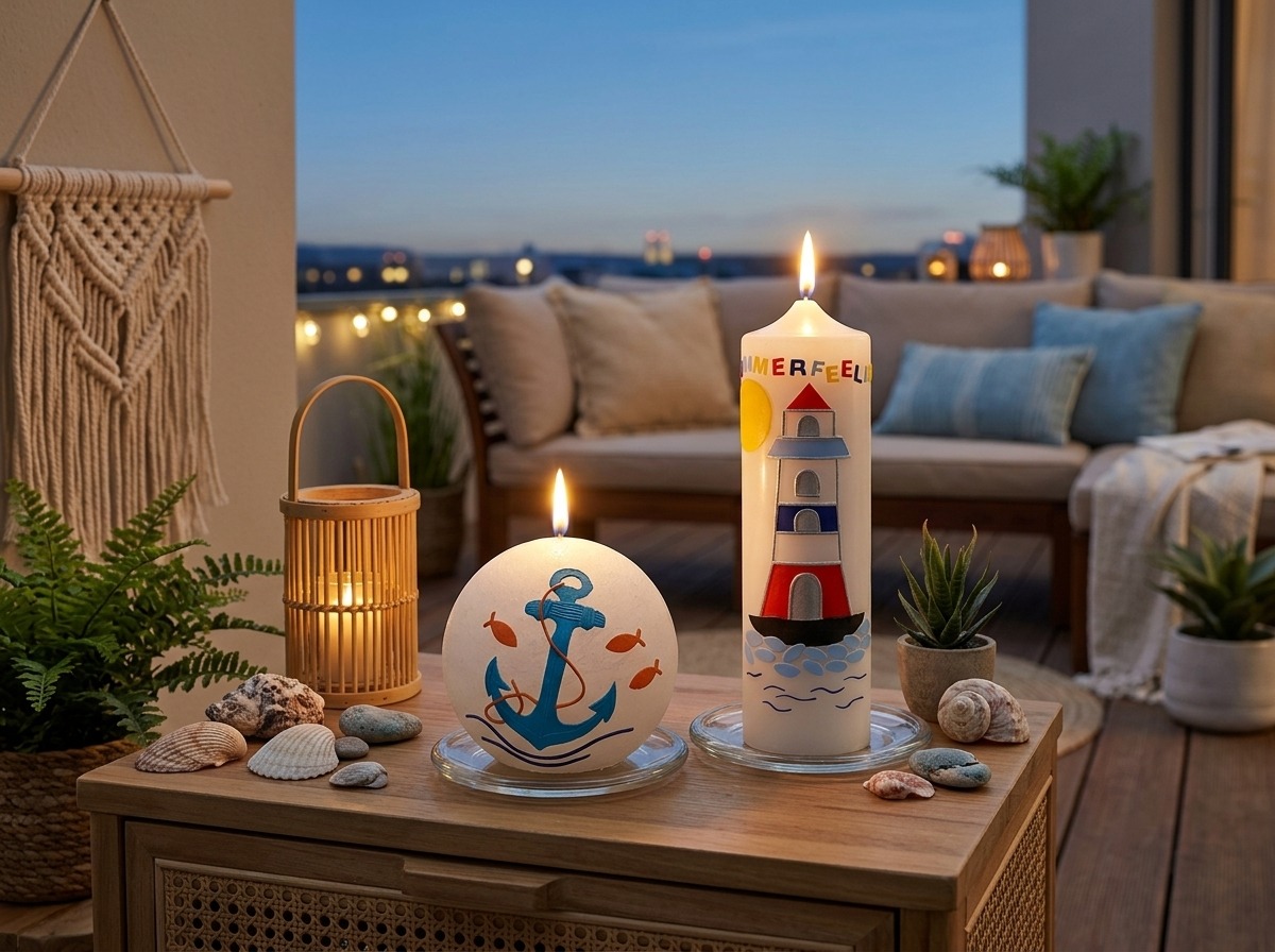 Handverzierte maritime Kerzen mit Leuchtturm- und Ankermotiv auf sommerlicher Terrasse mit Muscheln, Pflanzen und gemütlicher Abendbeleuchtung.