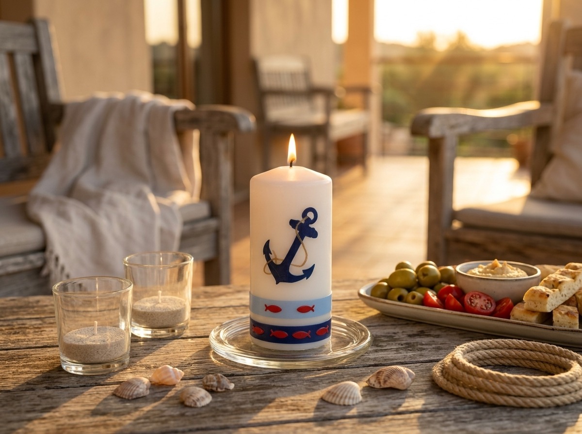 Handverzierte maritime Kerze mit Ankermotiv auf rustikalem Holztisch auf einer sommerlichen Terrasse mit mediterraner Dekoration.