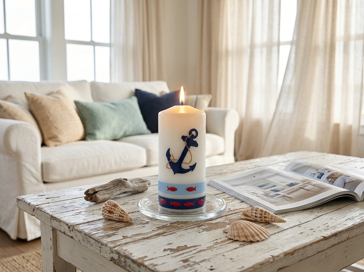 Handverzierte maritime Kerze mit Ankermotiv auf weißem Holztisch im hellen Beachhouse-Wohnzimmer mit Muscheln und Treibholz.