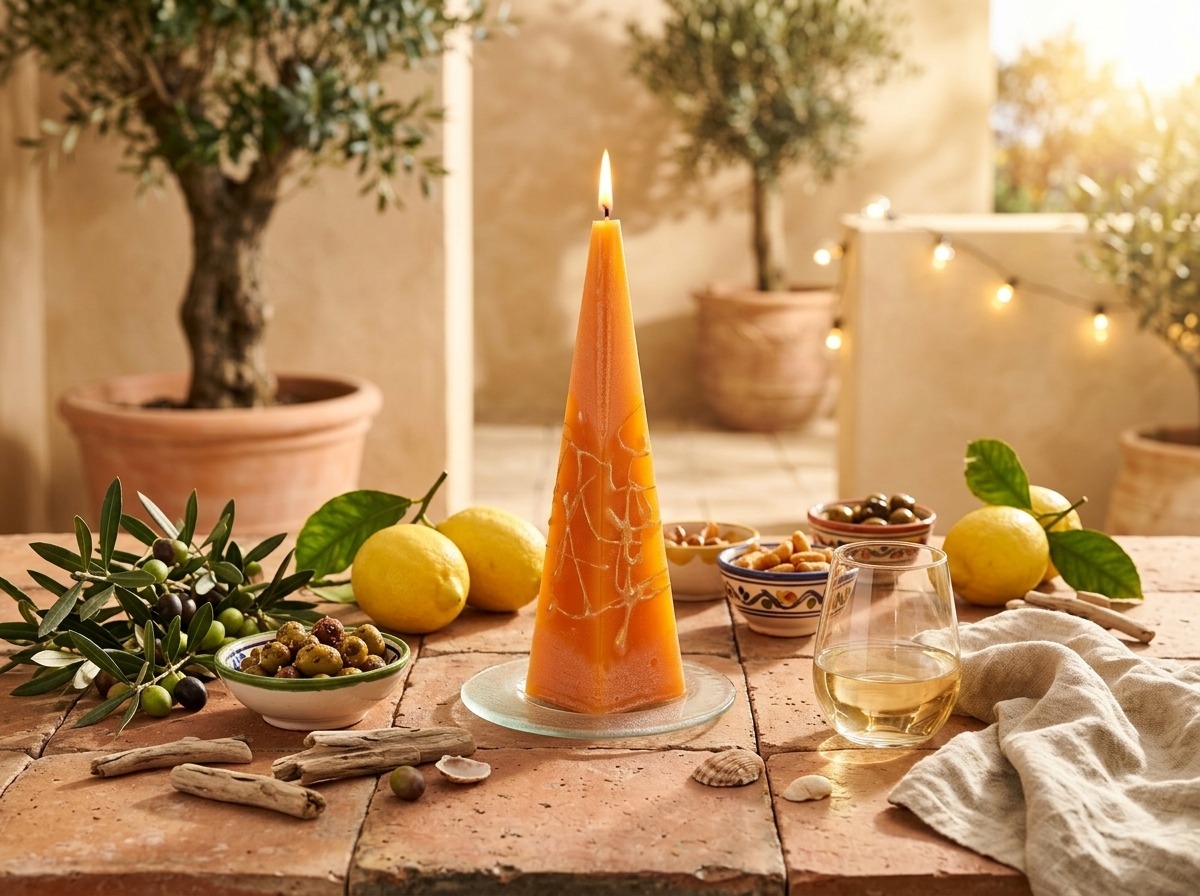Orangefarbene Designkerze auf Terracotta-Tisch mit Zitronen, Olivenzweigen und mediterraner Sommerdekoration.
