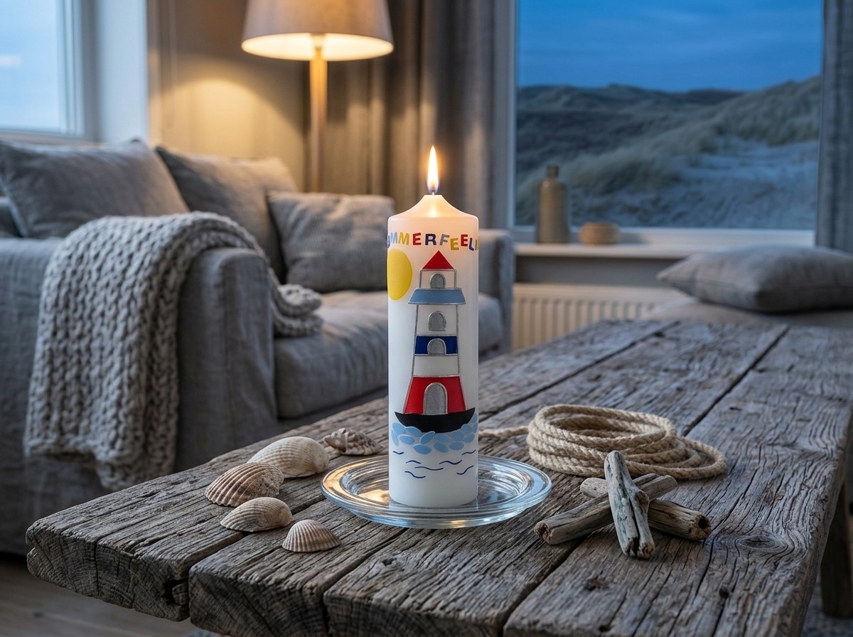 Handverzierte Leuchtturmkerze auf verwittertem Holztisch mit Muscheln, Tauwerk und Treibholz in gemütlicher Nordsee-Atmosphäre.