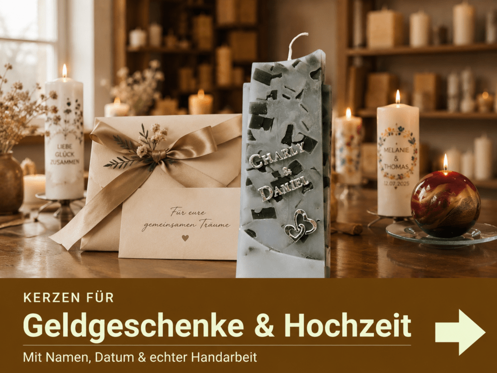 Personalisierte Hochzeitskerze als kreative Ergänzung zu einem Geldgeschenk mit echten Wachsbuchstaben und Herzsymbolen
