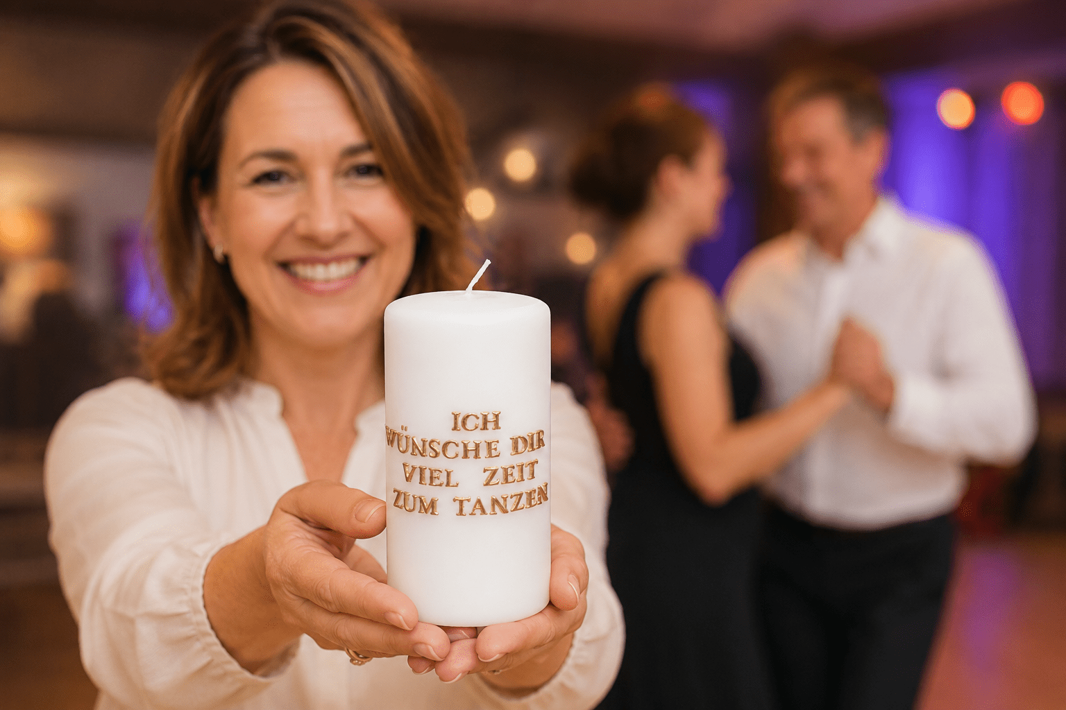 Frau hält personalisierte weiße Kerze mit dem Spruch „Ich wünsche Dir viel Zeit zum Tanzen“, im Hintergrund tanzt ein Paar