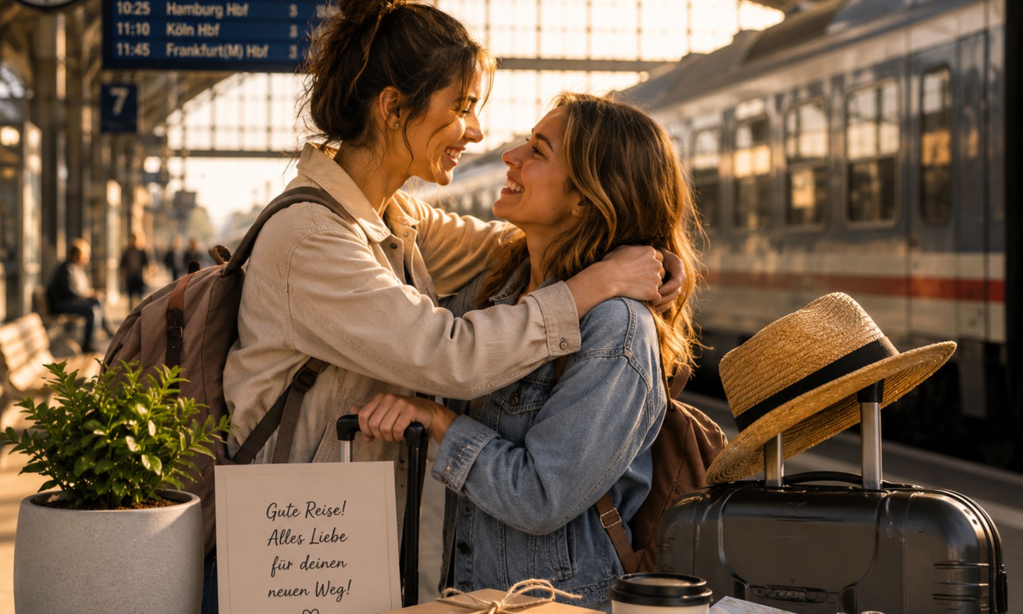Zwei Frauen verabschieden sich herzlich am Bahnhof vor einer Reise oder einem Neuanfang