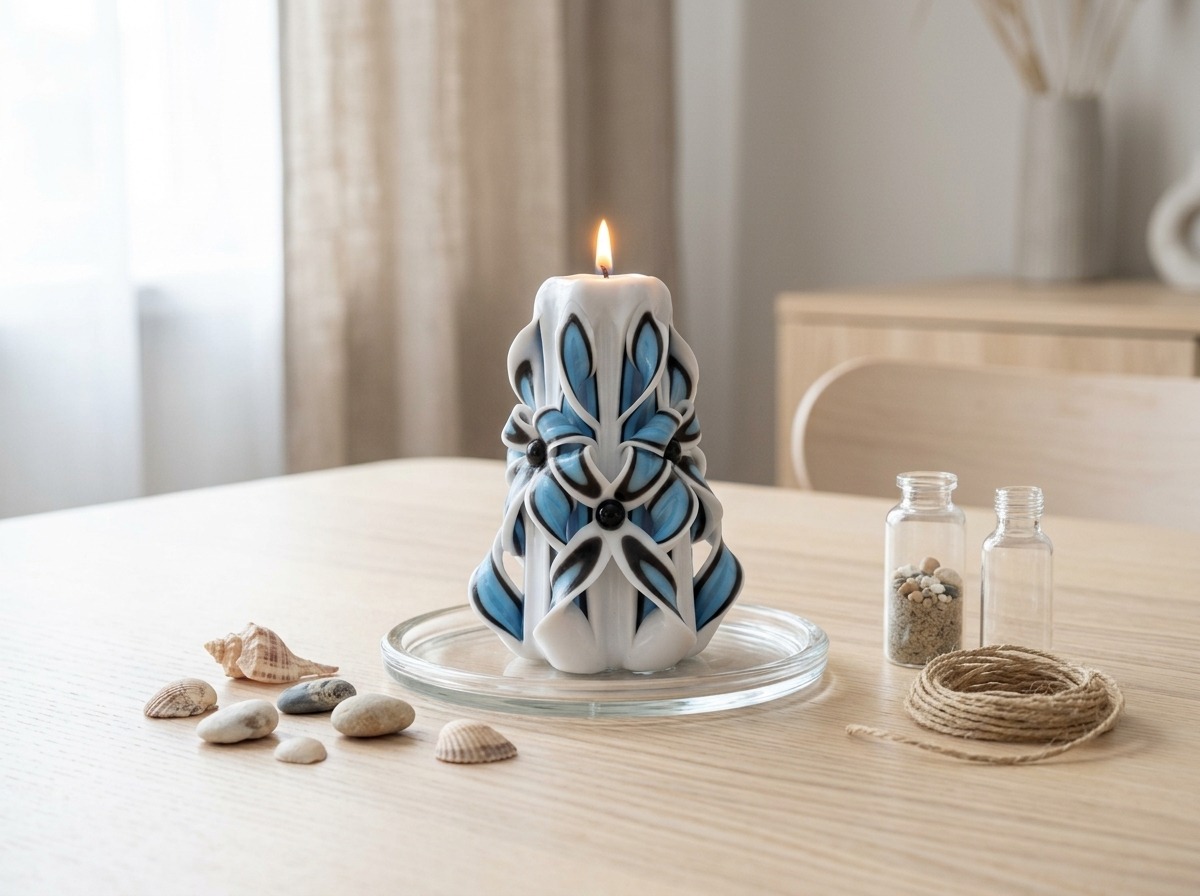 Handgefertigte Designkerze auf hellem Holztisch mit Muscheln, Glasflaschen und minimalistischer skandinavischer Sommerdeko.