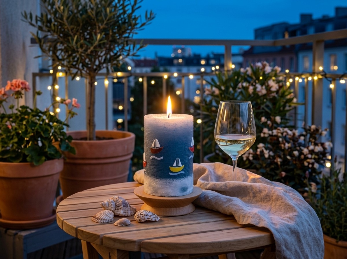 Angezündete maritime Kerze mit Segelbootmotiv auf kleinem Balkontisch mit Weißweinglas, Muscheln und Lichterkette in der Abenddämmerung.